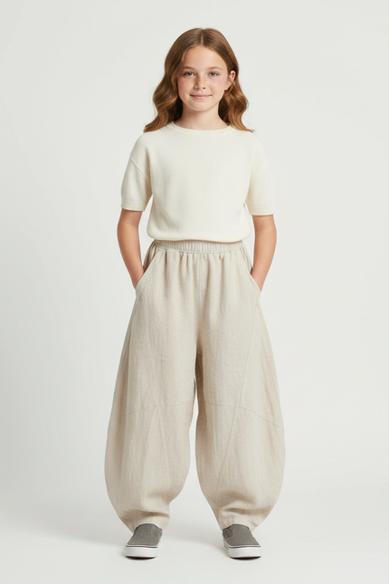 Pantalon Parachute Lin Ample Beige Décontracté Enfant