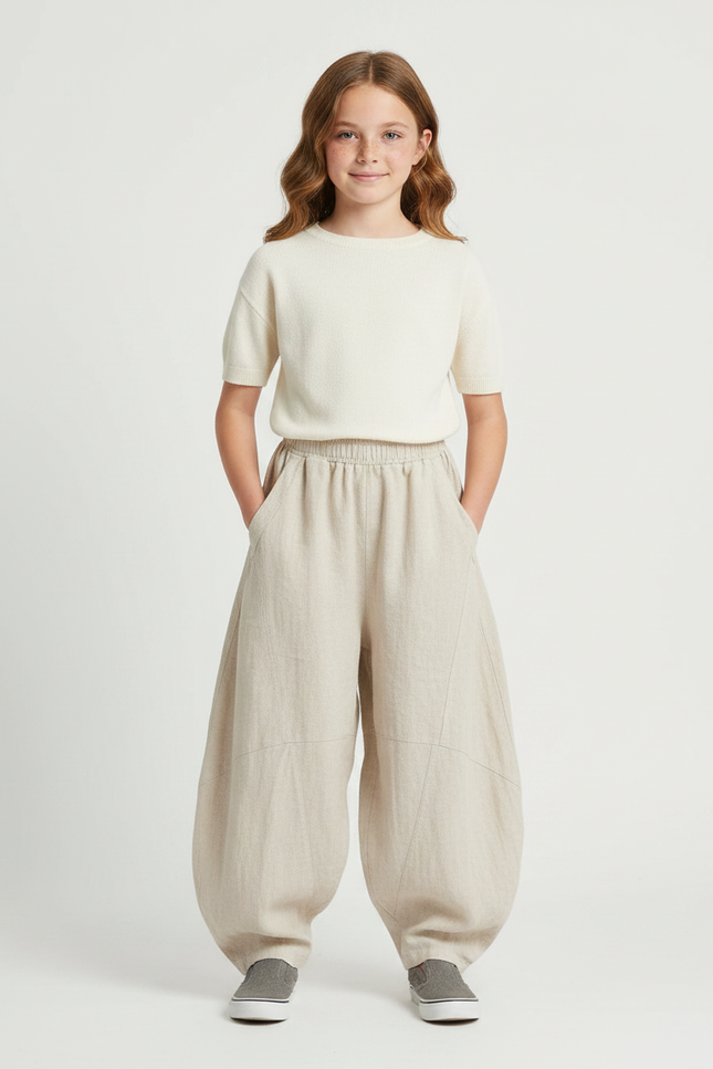 Pantalon Parachute Lin Ample Beige Décontracté Enfant