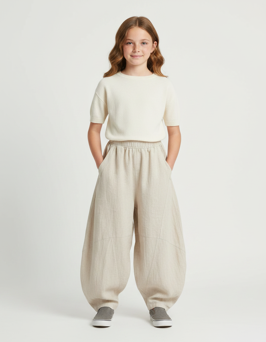 Pantalon Parachute Lin Ample Beige Décontracté Enfant