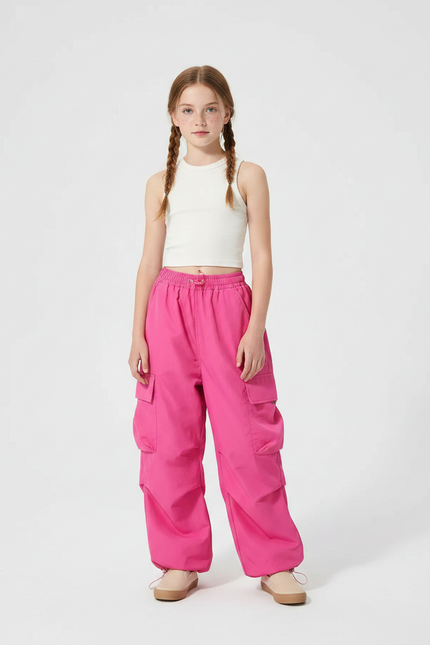 Pantalon Parachute Rose Cargo Ample Fille Ceinture Cordon - Polyester