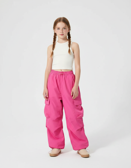 Pantalon Parachute Rose Cargo Ample Fille Ceinture Cordon - Polyester