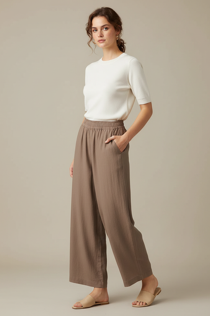 Pantalon Parachute Marron Lin Ample Casual Femme