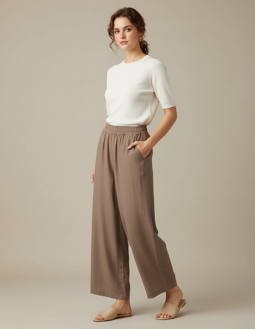 Pantalon Parachute Marron Lin Ample Casual Femme