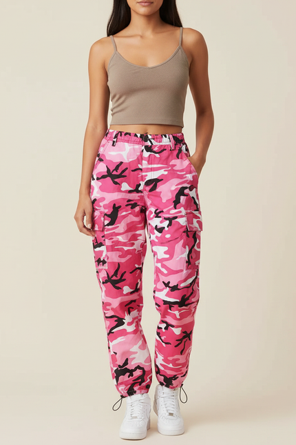 Pantalon Parachute Rose Camouflage Cargo Ample Streetwear Femme - Toile