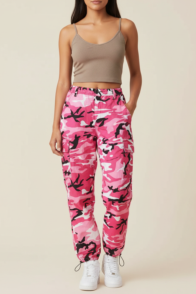 Pantalon Parachute Rose Camouflage Cargo Ample Streetwear Femme - Toile