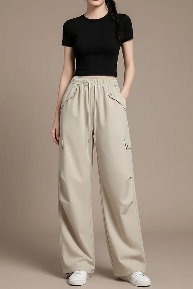 Pantalon Parachute Beige Ample Fluide Cordon Cargo - Polyester