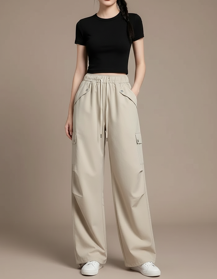 Pantalon Parachute Beige Ample Fluide Cordon Cargo - Polyester