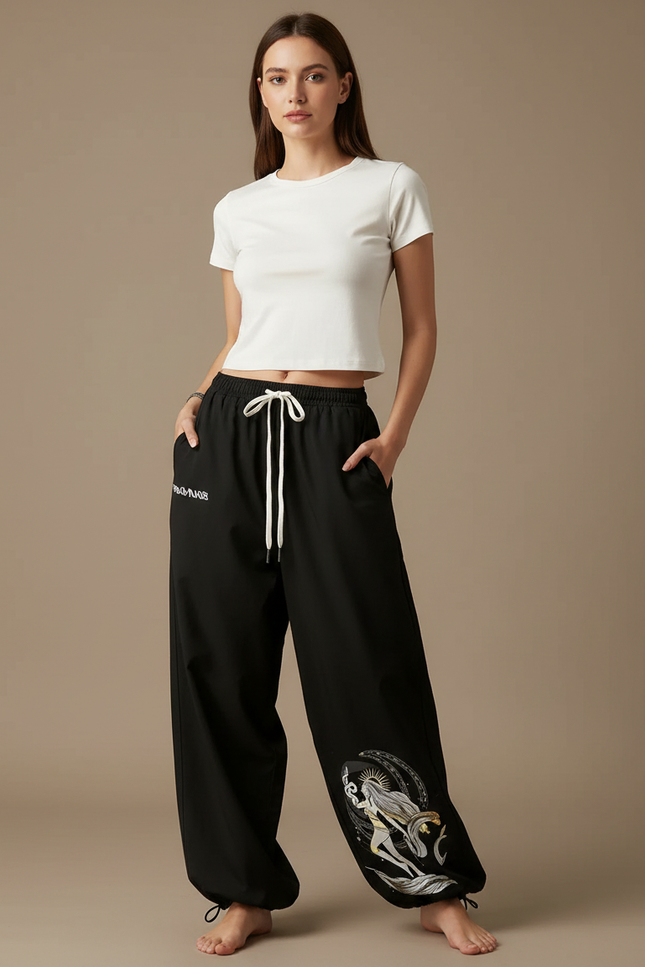 Pantalon Parachute Noir Ample Imprimé Sirène Femme - Polyester
