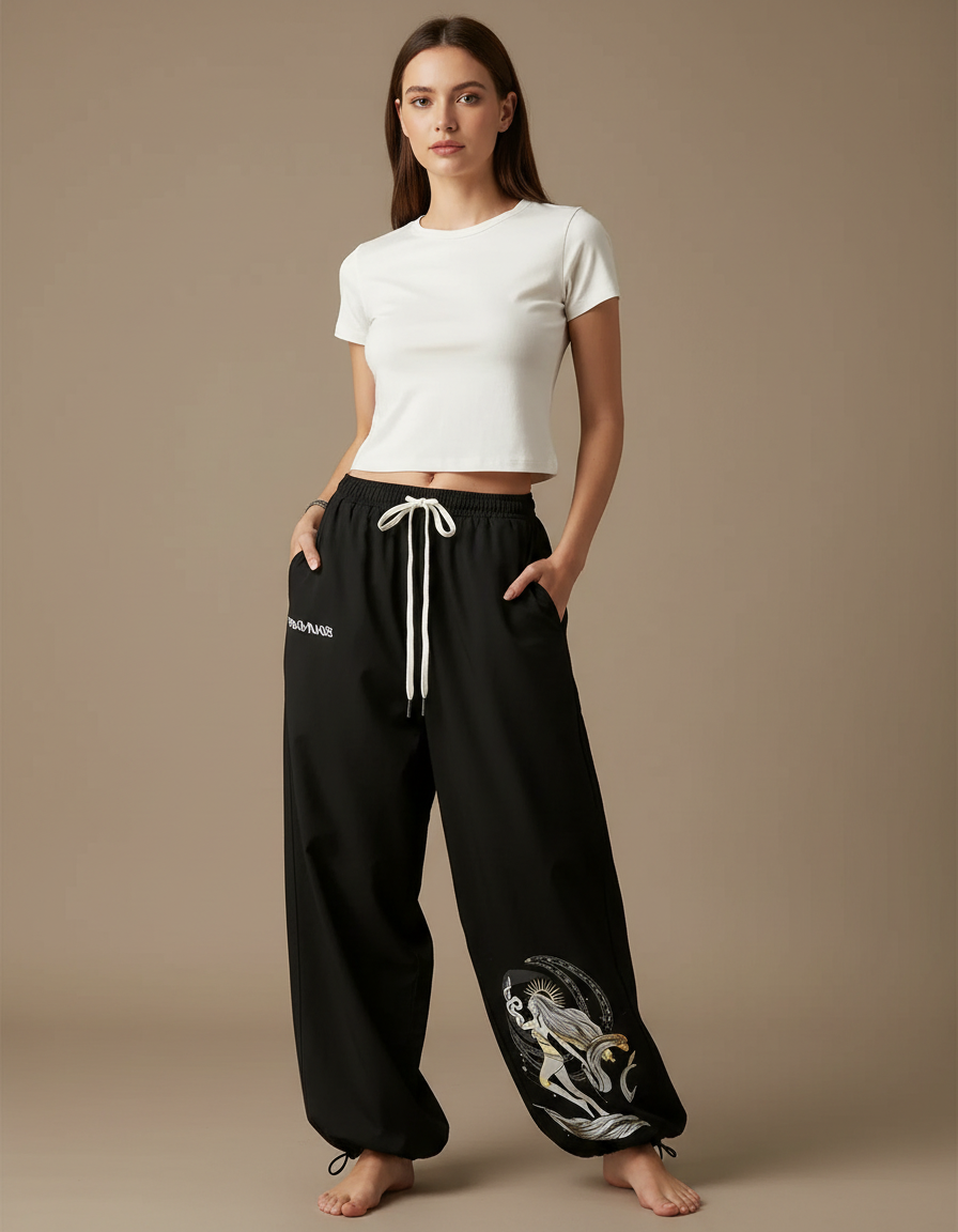 Pantalon Parachute Noir Ample Imprimé Sirène Femme - Polyester