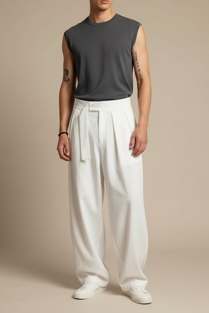 Pantalon Parachute Blanc Ample Plissé Décontracté Homme - Lin