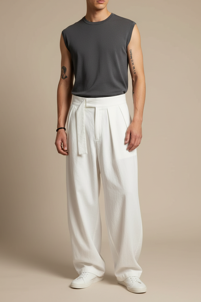 Pantalon Parachute Blanc Ample Plissé Décontracté Homme - Lin