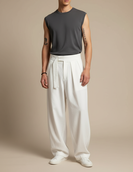 Pantalon Parachute Blanc Ample Plissé Décontracté Homme - Lin