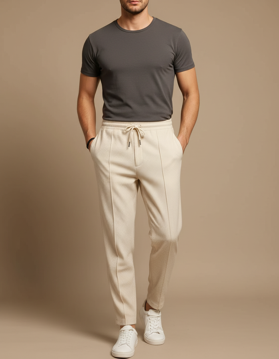 Pantalon Parachute Crème Texturé Slim Cordon Homme - Beige Maille