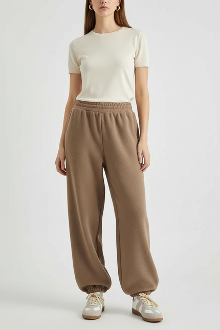 Pantalon Parachute Marron Ample Molletonné Élastique Femme