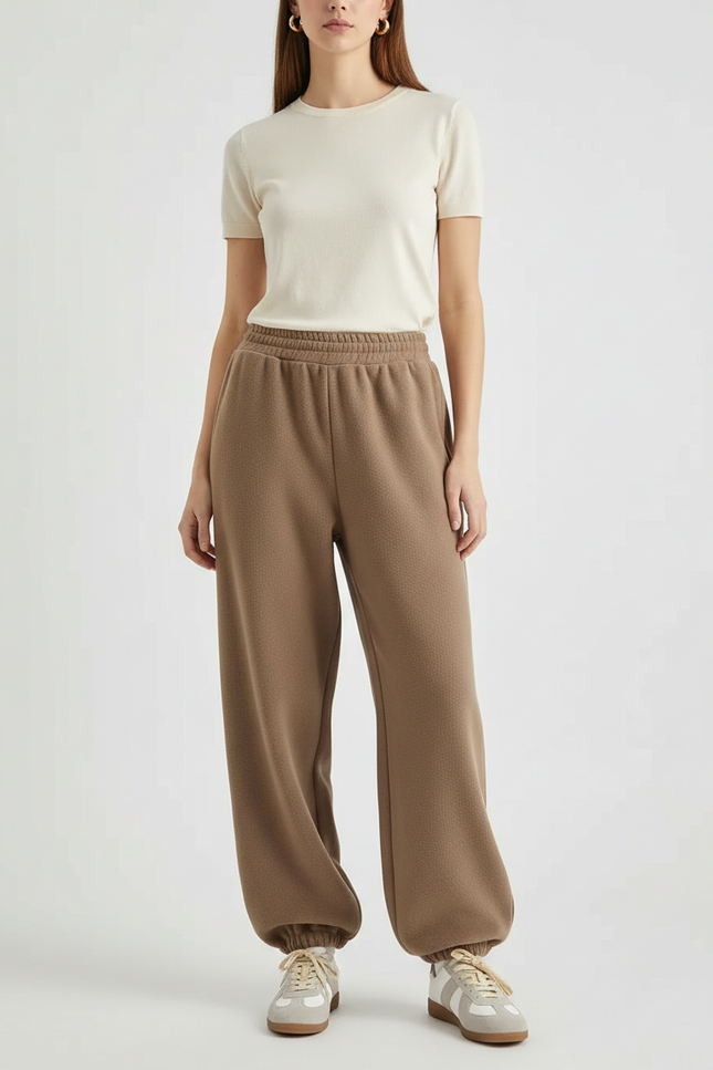 Pantalon Parachute Marron Ample Molletonné Élastique Femme