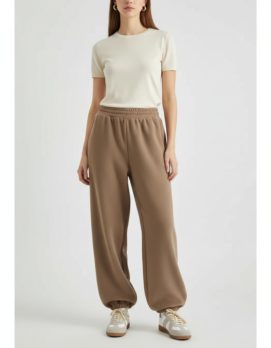 Pantalon Parachute Marron Ample Molletonné Élastique Femme