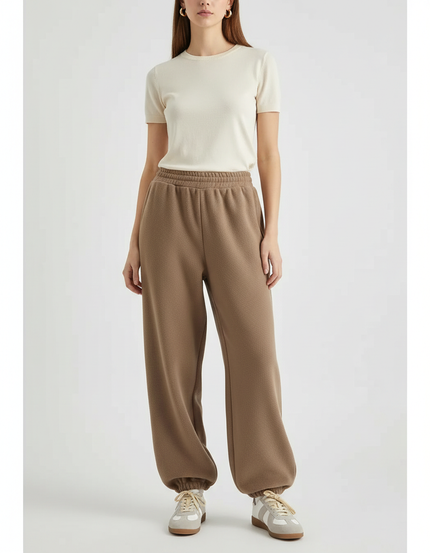 Pantalon Parachute Marron Ample Molletonné Élastique Femme