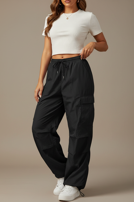 Pantalon Parachute Noir Cargo Ample Cordon Décontracté - Polyester