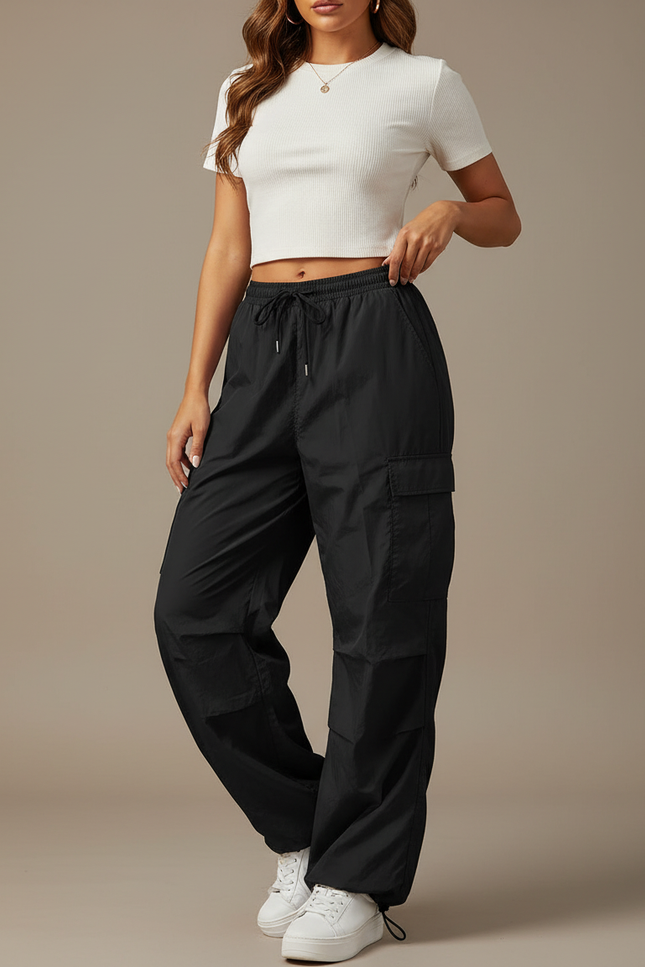 Pantalon Parachute Noir Cargo Ample Cordon Décontracté - Polyester