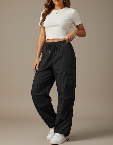Pantalon Parachute Noir Cargo Ample Cordon Décontracté - Polyester