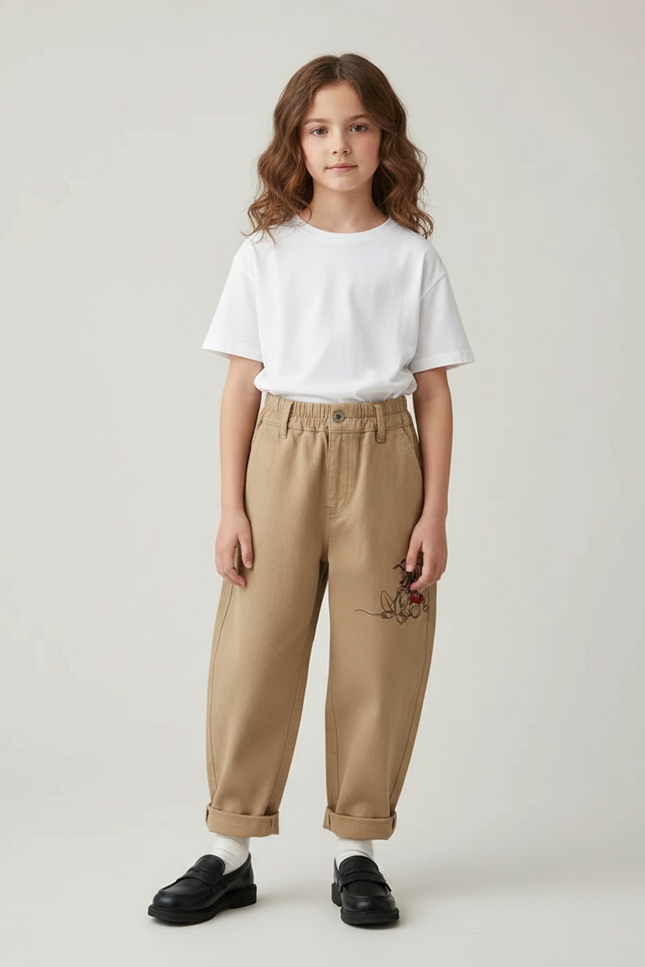 Pantalon Parachute Beige Ample Brodé Mickey Enfant - Gabardine