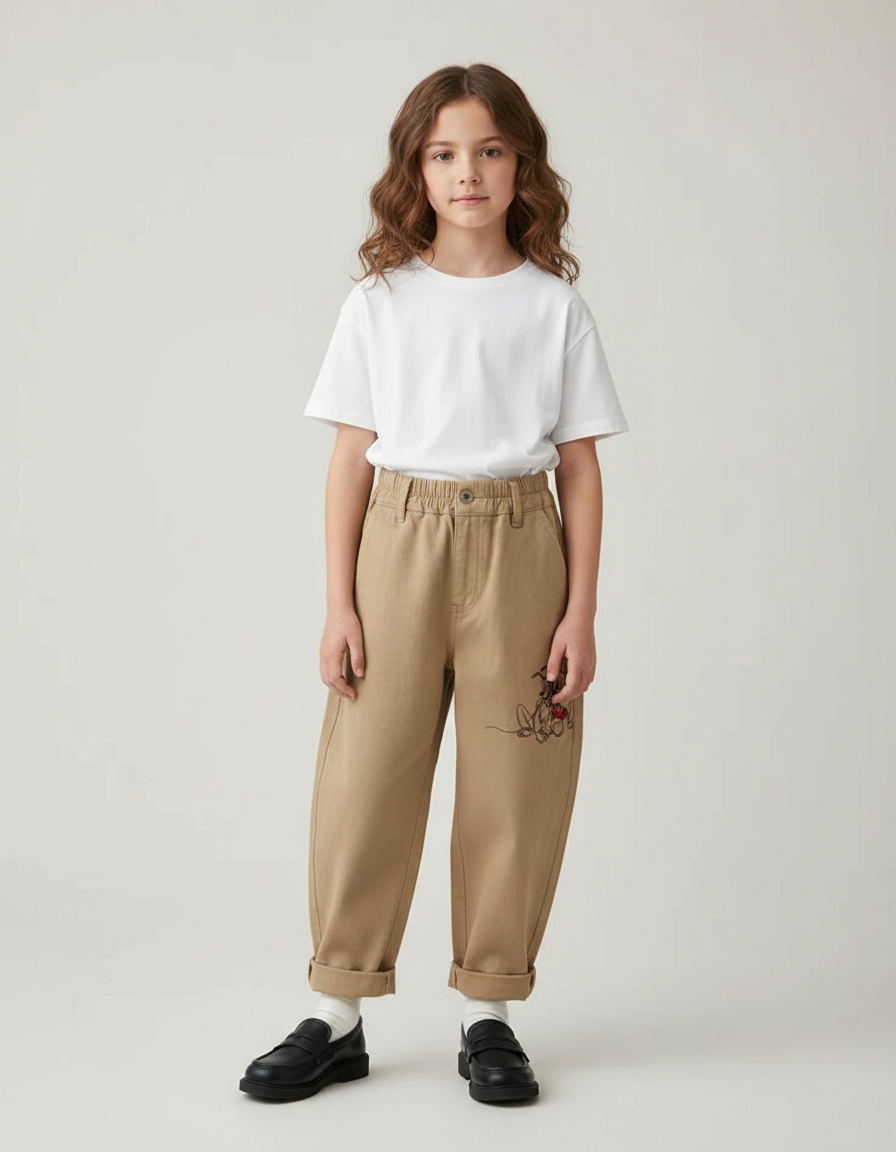 Pantalon Parachute Beige Ample Brodé Mickey Enfant - Gabardine