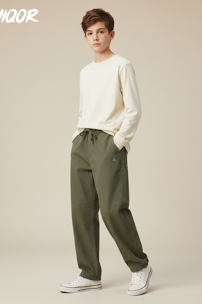 Pantalon Parachute Vert Ample Coton Enfant - Kaki