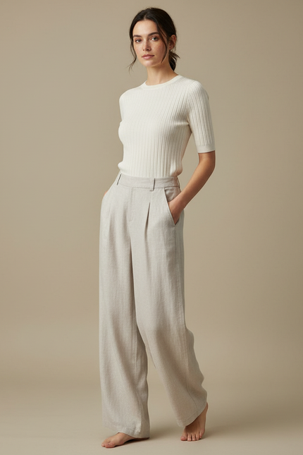 Pantalon Parachute Lin Ample Plissé Clair Élégant - Beige