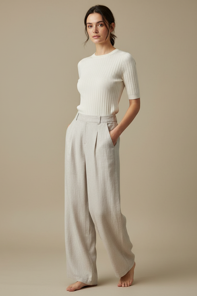 Pantalon Parachute Lin Ample Plissé Clair Élégant - Beige
