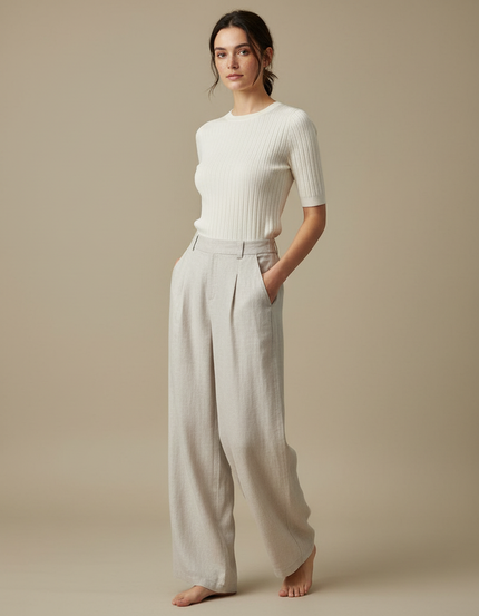 Pantalon Parachute Lin Ample Plissé Clair Élégant - Beige