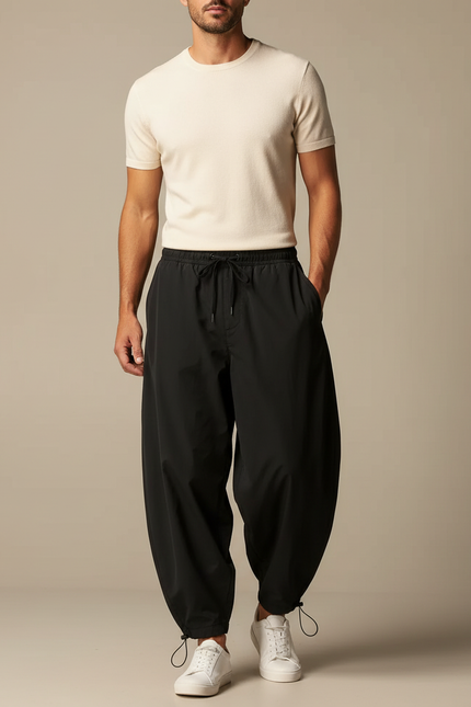 Pantalon Parachute Noir Ample Cordon Homme - Polyester