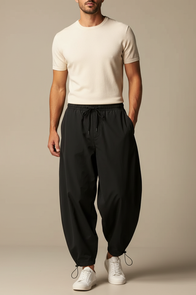 Pantalon Parachute Noir Ample Cordon Homme - Polyester