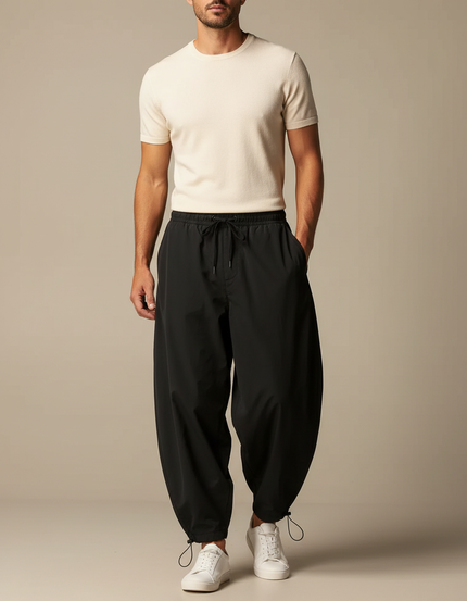 Pantalon Parachute Noir Ample Cordon Homme - Polyester