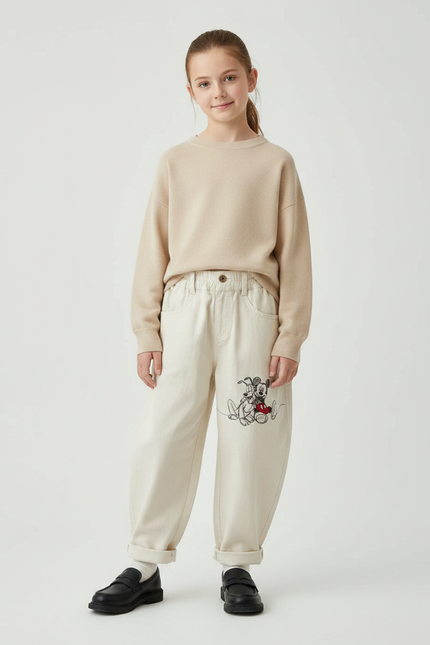 Pantalon Parachute Beige Ample Coton Brodé Mickey Enfant