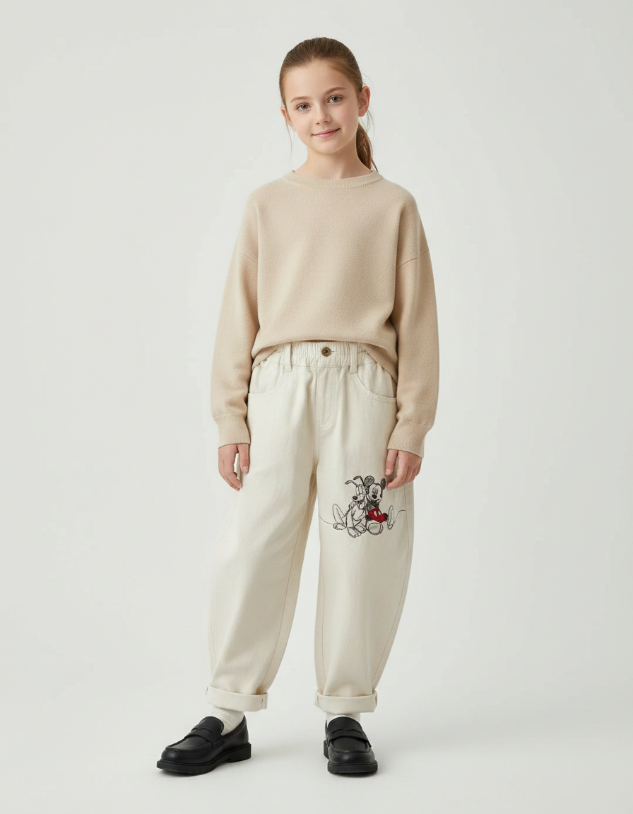 Pantalon Parachute Beige Ample Coton Brodé Mickey Enfant