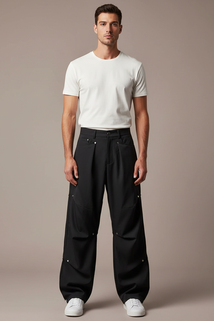 Pantalon Parachute Noir Ample Rivets Urbain Homme - Polyester