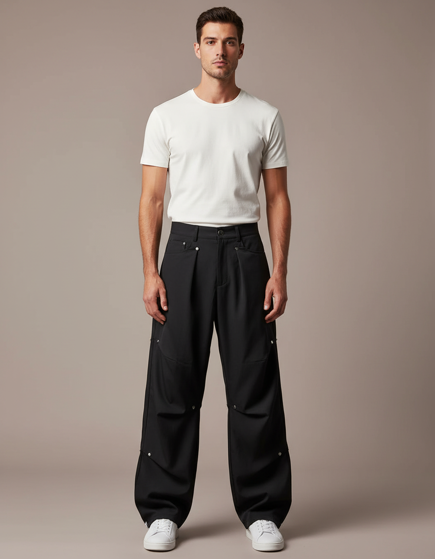 Pantalon Parachute Noir Ample Rivets Urbain Homme - Polyester
