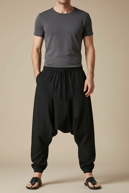 Pantalon Parachute Noir Ample Homme Décontracté - Polyester