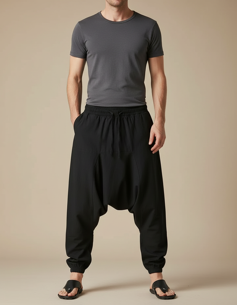 Pantalon Parachute Noir Ample Homme Décontracté - Polyester