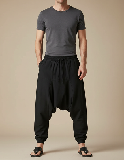Pantalon Parachute Noir Ample Homme Décontracté - Polyester
