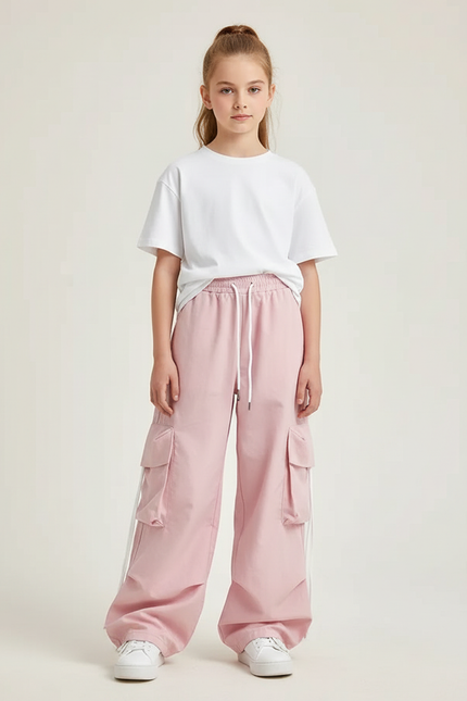 Pantalon Parachute Fille Baggy Nylon - Rose Polyester