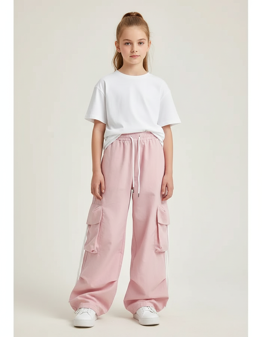Pantalon Parachute Fille Baggy Nylon - Rose Polyester