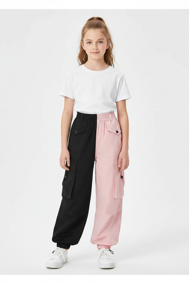 Pantalon Parachute Bicolore Noir Rose Cargo Fille - Multicolore Polyester