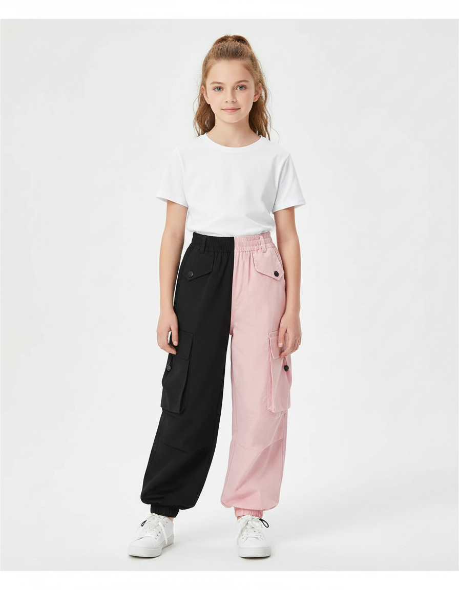 Pantalon Parachute Bicolore Noir Rose Cargo Fille - Multicolore Polyester