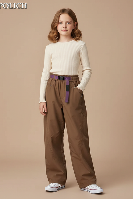 Pantalon Parachute Marron Ample Décontracté Enfant - Polyester