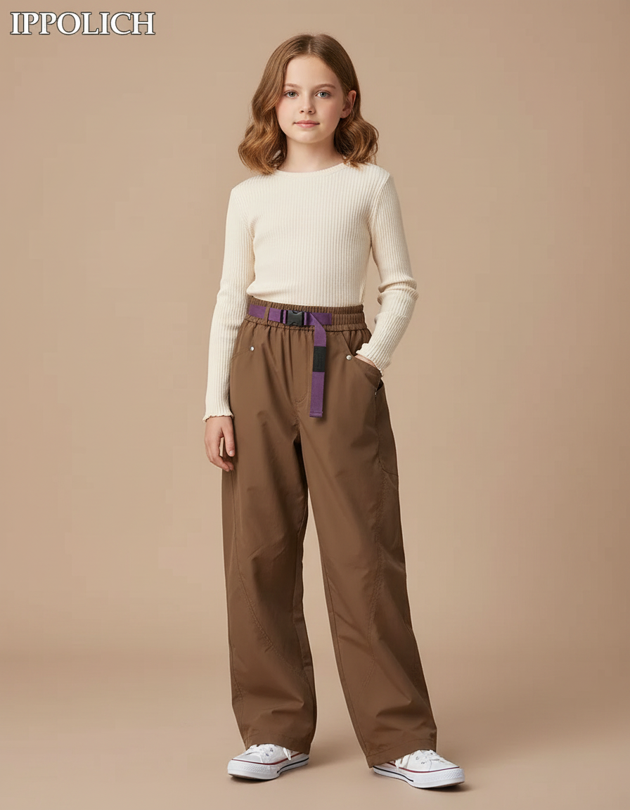 Pantalon Parachute Marron Ample Décontracté Enfant - Polyester