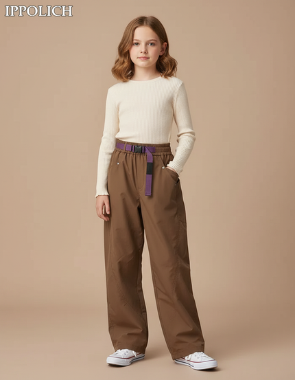 Pantalon Parachute Marron Ample Décontracté Enfant - Polyester