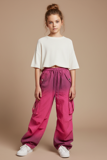 Pantalon Parachute Rose Dégradé Cargo Ample Enfant - Polyester
