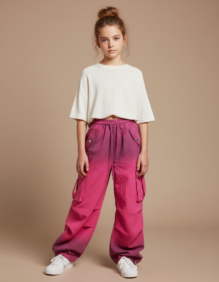Pantalon Parachute Rose Dégradé Cargo Ample Enfant - Polyester