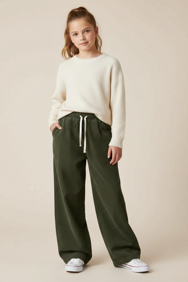 Pantalon Parachute Vert Côtelé Ample Décontracté Fluide - Kaki Cordé